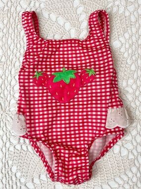 Vintage 1990s Class Club Baby Girl 12 Months Red Gingham Strawberry Swimsuit